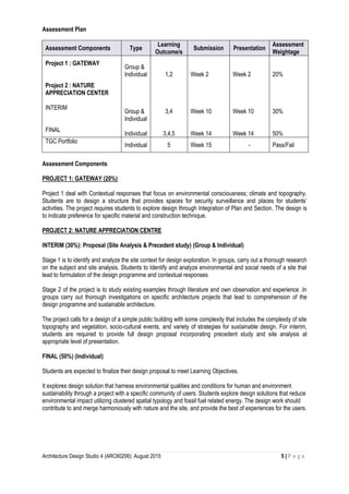 Architecture Design Studio 4 (ARC60206): August 2015 5 | P a g e
Assessment Plan
Assessment Components Type
Learning
Outcome/s
Submission Presentation
Assessment
Weightage
Project 1 : GATEWAY
Project 2 : NATURE
APPRECIATION CENTER
INTERIM
FINAL
Group &
Individual
Group &
Individual
Individual
1,2
3,4
3,4,5
Week 2
Week 10
Week 14
Week 2
Week 10
Week 14
20%
30%
50%
TGC Portfolio
Individual 5 Week 15 - Pass/Fail
Assessment Components
PROJECT 1: GATEWAY (20%)
Project 1 deal with Contextual responses that focus on environmental consciousness; climate and topography.
Students are to design a structure that provides spaces for security surveillance and places for students’
activities. The project requires students to explore design through Integration of Plan and Section. The design is
to indicate preference for specific material and construction technique.
PROJECT 2: NATURE APPRECIATION CENTRE
INTERIM (30%): Proposal (Site Analysis & Precedent study) (Group & Individual)
Stage 1 is to identify and analyze the site context for design exploration. In groups, carry out a thorough research
on the subject and site analysis. Students to Identify and analyze environmental and social needs of a site that
lead to formulation of the design programme and contextual responses
Stage 2 of the project is to study existing examples through literature and own observation and experience .In
groups carry out thorough investigations on specific architecture projects that lead to comprehension of the
design programme and sustainable architecture.
The project calls for a design of a simple public building with some complexity that includes the complexity of site
topography and vegetation, socio-cultural events, and variety of strategies for sustainable design. For interim,
students are required to provide full design proposal incorporating precedent study and site analysis at
appropriate level of presentation.
FINAL (50%) (Individual)
Students are expected to finalize their design proposal to meet Learning Objectives.
It explores design solution that harness environmental qualities and conditions for human and environment
sustainability through a project with a specific community of users. Students explore design solutions that reduce
environmental impact utilizing clustered spatial typology and fossil fuel related energy. The design work should
contribute to and merge harmoniously with nature and the site, and provide the best of experiences for the users.
 