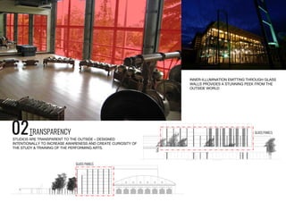 02TRANSPARENCY GLASS PANELS
INNER-ILLUMINATION EMITTING THROUGH GLASS
WALLS PROVIDES A STUNNING PEEK FROM THE
OUTSIDE WORLD
STUDIOS ARE TRANSPARENT TO THE OUTSIDE – DESIGNED
INTENTIONALLY TO INCREASE AWARENESS AND CREATE CURIOSITY OF
THE STUDY & TRAINING OF THE PERFORMING ARTS.
GLASS PANELS
 
