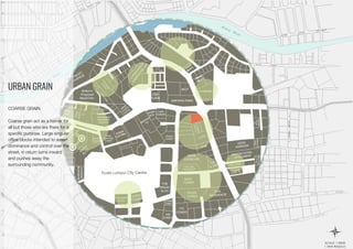 URBAN GRAIN
COARSE GRAIN
Coarse grain act as a barrier for
all but those who are there for a
specific purpose. Large singular
office blocks intended to assert
dominance and control over the
street, in return turns inward
and pushes away the
surrounding community.
 