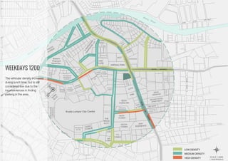 WEEKDAYS 1200
The vehicular density increases
during lunch time, but is still
considered low due to the
inconveniences in finding
parking in the area.
 