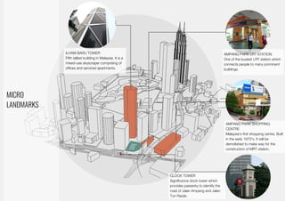 Micro Landmarks
MICRO
LANDMARKS
ILHAM BARU TOWER
Fifth tallest building in Malaysia. It is a
mixed-use skyscraper comprising of
offices and serviced apartments.
CLOCK TOWER
Significance clock tower which
provides passerby to identify the
road of Jalan Ampang and Jalan
Tun Razak.
AMPANG PARK SHOPPING
CENTRE
Malaysia's first shopping centre. Built
in the early 1970's. It will be
demolished to make way for the
construction of MRT station.
AMPANG PARK LRT STATION
One of the busiest LRT station which
connects people to many prominent
buildings.
 