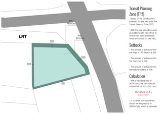 Transit Planning
Zone (TPZ)
- Based on the Development
Intensity, our site falls under the
Transit Planning Zone (TPZ) .
- With this, our site will be given
an additional plot ratio of 0.5 to
what is has been prescribed,
which amount to 8.5 plot ratio.
Setbacks
- The amount of setbacks from
the edge of LRT Station is 20ft.
- The amount of setbacks from
the main road is 20ft.
- The amount of setbacks from
standalone building is 10ft.
Calculation
- With a total land area of
3674.25m2, we can build our
cultural hub up to 31231.13m2.
3674.25m2 x 8.5 =
31231.13m²
- In our brief, our cultural hub
should be designed up to
2000m2 gfa, which is workable.
Area =
4801.42m2
Area =
3674.25m2
LRT
 