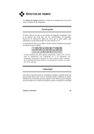 Capítulo 5: Videoclips 89
EFECTOS DE TIEMPO
Los efectos de tiempo modifican el ritmo de la reproducción sin que ello
afecte al aspecto de los fotogramas.
Iluminación
El efecto Iluminación crea un movimiento de imágenes congeladas, como
el de alguien que baile bajo una luz estroboscópica. El parámetro
Repetición de iluminación indica las veces que se debe repetir cada
fotograma en el clip seleccionado. El valor máximo es 50.
La duración del clip no se modifica; Studio elimina fotogramas para poder
acomodar los que se repiten.
El efecto Iluminación omite algunos fotogramas y repite otros. En este
caso, la iluminación está establecida en 2. Se eliminarán seis
fotogramas (marcados en gris) de los nueve primeros (línea superior).
En la película final (línea inferior), los fotogramas restantes se repiten
dos veces cada uno.
Velocidad
Este efecto le permite ajustar la velocidad de cualquier videoclip desde una
décima parte hasta cinco veces la velocidad normal. Establezca el control
deslizante en la velocidad que desee aplicar al clip. Observe que la longitud
del clip cambia en la ventana de la película cuando se modifica la velocidad.
 