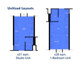 Unitized Layouts
±21 sqm.
Studio Unit
±28 sqm.
1-Bedroom Unit
 