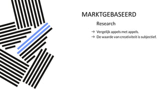 MARKTGEBASEERD
Research
Vergelijk appels met appels.
De waarde van creativiteit is subjectief.
 