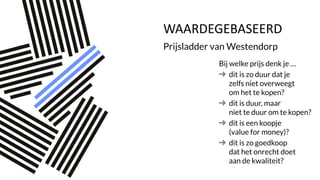 WAARDEGEBASEERD
Prijsladder van Westendorp
Bij welke prijs denk je …
dit is zo duur dat je
zelfs niet overweegt
om het te kopen?
dit is duur, maar
niet te duur om te kopen?
dit is een koopje
(value for money)?
dit is zo goedkoop
dat het onrecht doet
aan de kwaliteit?
 