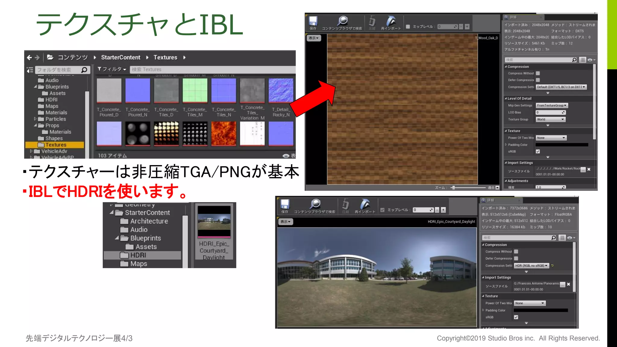 先端デジタルテクノロジー展4/3 Copyright©2019 Studio Bros inc. All Rights Reserved.
テクスチャとIBL
・テクスチャーは非圧縮TGA/PNGが基本
・IBLでHDRIを使います。
 