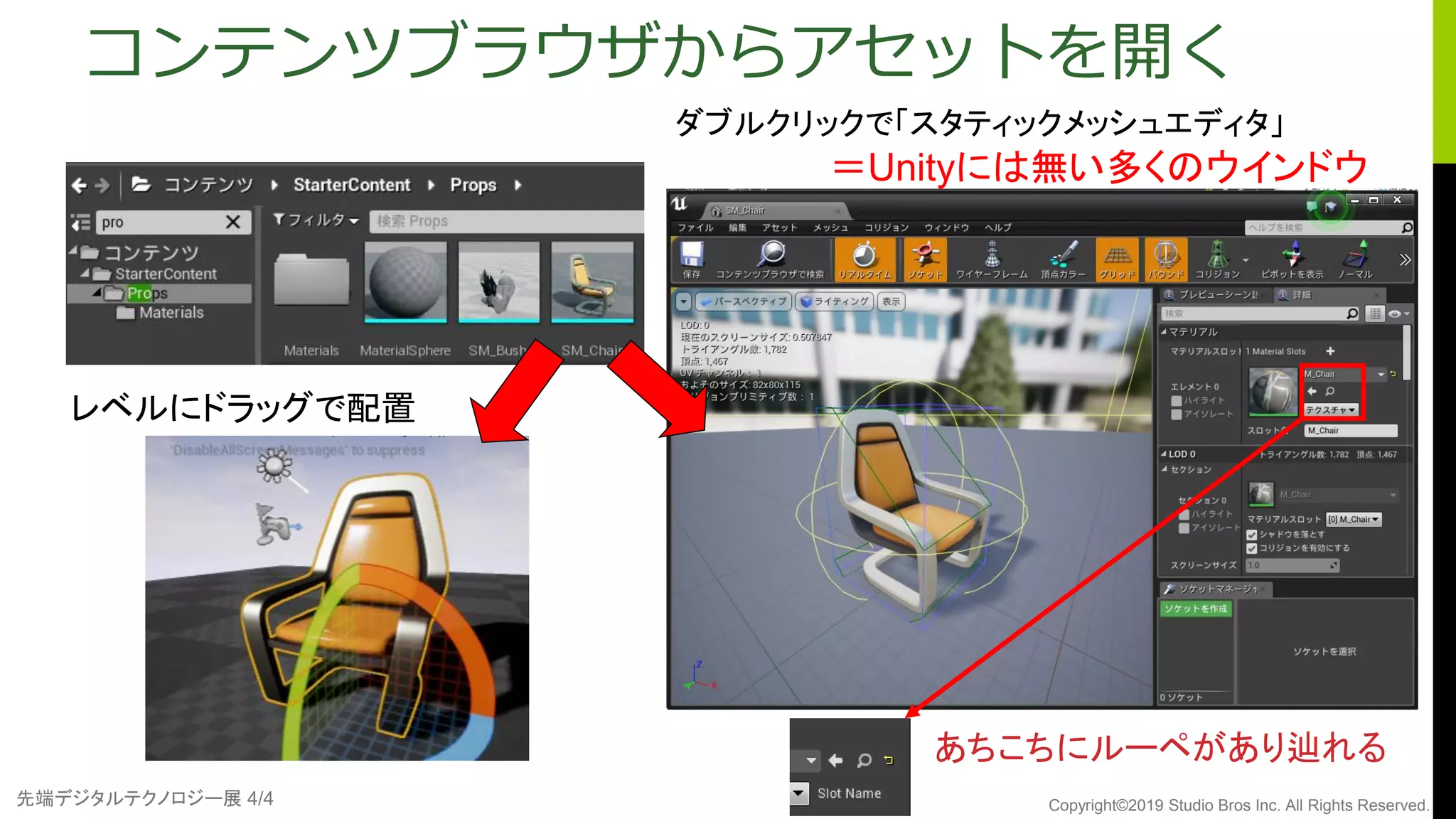 先端デジタルテクノロジー展 4/4 Copyright©2019 Studio Bros Inc. All Rights Reserved.
コンテンツブラウザからアセットを開く
ダブルクリックで「スタティックメッシュエディタ」
＝Unityには無い多くのウインドウ
あちこちにルーペがあり辿れる
レベルにドラッグで配置
 