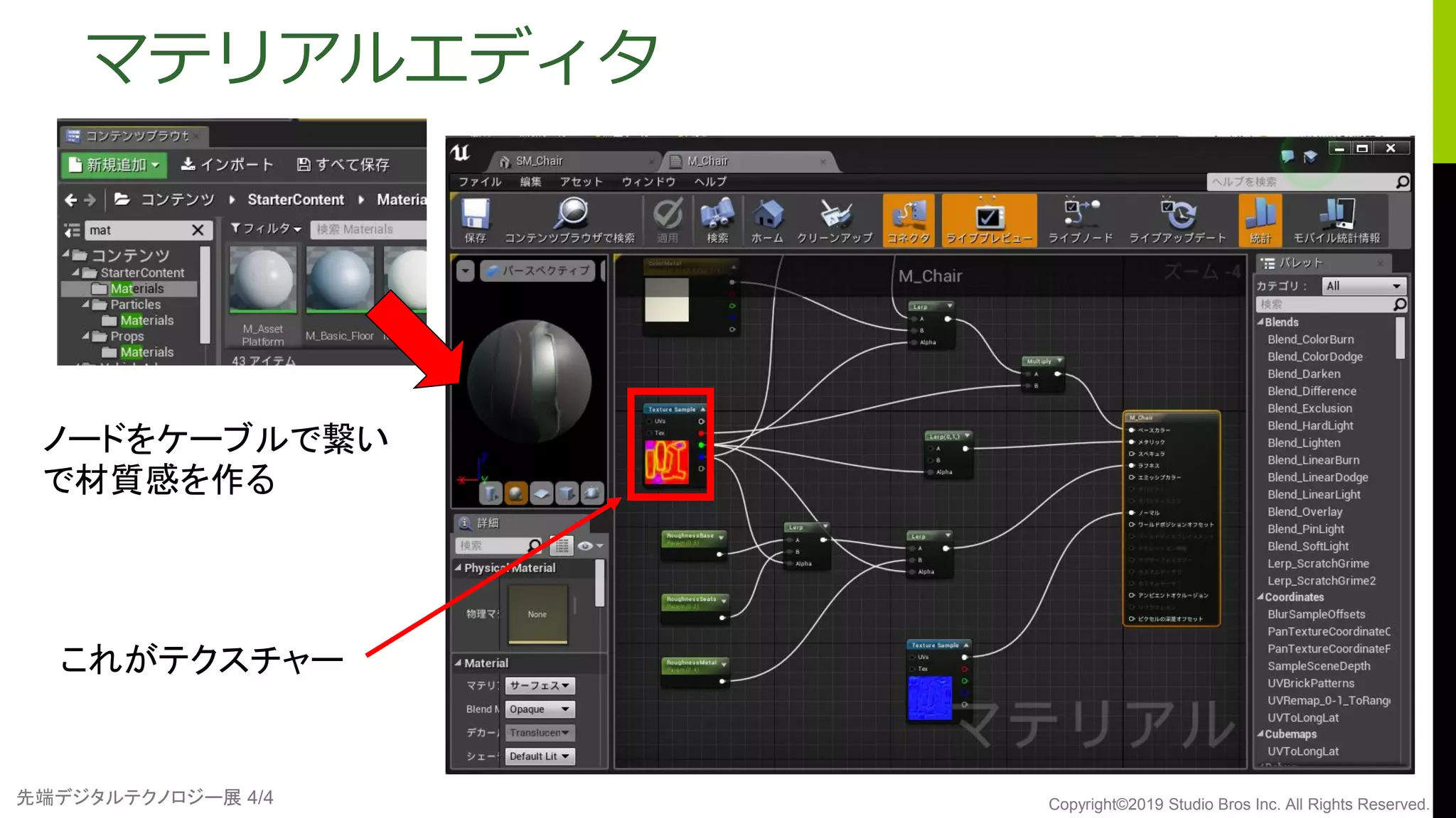 先端デジタルテクノロジー展 4/4 Copyright©2019 Studio Bros Inc. All Rights Reserved.
マテリアルエディタ
ノードをケーブルで繋い
で材質感を作る
これがテクスチャー
 