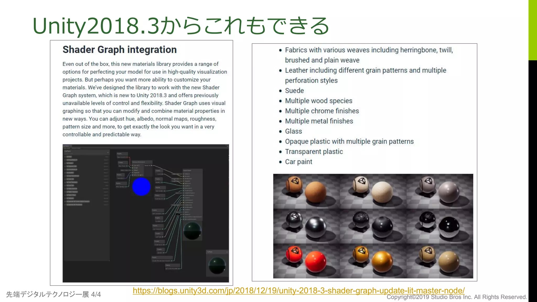 先端デジタルテクノロジー展 4/4 Copyright©2019 Studio Bros Inc. All Rights Reserved.
Unity2018.3からこれもできる
https://blogs.unity3d.com/jp/2018/12/19/unity-2018-3-shader-graph-update-lit-master-node/
 
