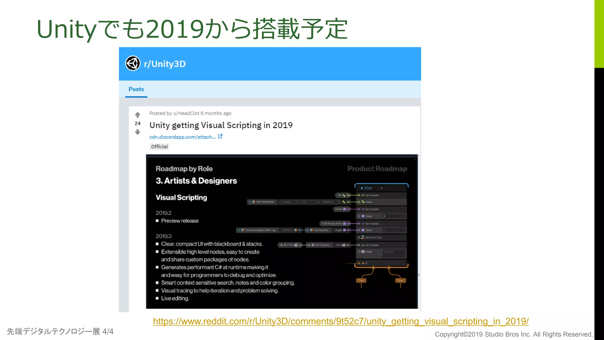 先端デジタルテクノロジー展 4/4 Copyright©2019 Studio Bros Inc. All Rights Reserved.
Unityでも2019から搭載予定
https://www.reddit.com/r/Unity3D/comments/9t52c7/unity_getting_visual_scripting_in_2019/
 