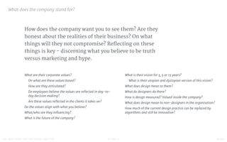 STUDIO D FINAL100 QUESTIONS FOR THE YOUNG CREATIVE
How does the company want you to see them? Are they
honest about the realities of their business? On what
things will they not compromise? Reflecting on these
things is key - discerning what you believe to be truth
versus marketing and hype.
What does the company stand for?

What are their corporate values?

On what are these values based?

How are they articulated?

Do employees believe the values are reﬂected in day-to-
day decision making? 

Are these values reﬂected in the clients it takes on? 

Do the values align with what you believe?

What/who are they inﬂuencing? 

What is the future of the company?

What is their vision for 3, 5 or 15 years? 

What is their utopian and dystopian version of this vision?

What does design mean to them? 

What do designers do there?

How is design measured? Valued inside the company?

What does design mean to non-designers in the organisation?

How much of the current design practice can be replaced by
algorithms and still be innovative?

 