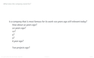 STUDIO D FINAL100 QUESTIONS FOR THE YOUNG CREATIVE
What does the company stand for?

Is a company that is most famous for its work 100 years ago still relevant today? 

How about 30 years ago? 

20 years ago? 

10? 

5? 

3? 

A year ago? 

Two projects ago?
 