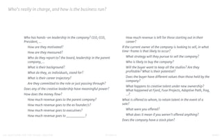 STUDIO D FINAL100 QUESTIONS FOR THE YOUNG CREATIVE
Who’s really in charge, and how is the business run?

Who has hands-on leadership in the company? CEO, CCO,
President, ...

How are they motivated?

How are they measured?

Who do they report to? the board, leadership in the parent
company, …

What is their background? 

What do they, as individuals, stand for?

What is their career trajectory? 

Are they committed to the role or just passing through?

Does any of the creative leadership have meaningful power?

How does the money ﬂow?

How much revenue goes to the parent company?

How much revenue goes to the ex founder/s?

How much revenue goes to executives?

How much revenue goes to _________?

How much revenue is left for those starting out in their
career?

If the current owner of the company is looking to sell, in what
time-frame is that likely to occur?

What strategy will they pursue to sell the company? 

Who is likely to buy the company? 

Will the buyer want to keep all the studios? Are they
proﬁtable? What is their potential? 

Does the buyer have diﬀerent values than those held by the
company? 

What happens to creative talent under new ownership?
What happened at Fjord, Fuse Projects, Adaptive Path, frog,
…?

What is oﬀered to whom, to retain talent in the event of a
sale?

What were you oﬀered? 

What does it mean if you weren’t oﬀered anything?

Does the company have a stock plan?
 