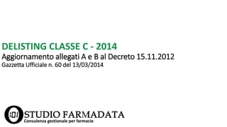 Consulenza gestionale per farmacie
DELISTING CLASSE C - 2014
Aggiornamento allegati A e B al Decreto 15.11.2012
Gazzetta Ufficiale n. 60 del 13/03/2014
 