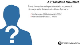 LA 3* FARMACIA ANALIZZATA
È una farmacia rurale posizionata in un paese di
piccole/medie dimensioni – Unica Farmacia
 Un Fatturato 2013 di circa 685.000 €
 Fatturato della Fascia C: 80.000
 