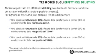 Abbiamo ipotizzato tre effetti del delisting su altrettante farmacie suddivise
per categorie tipo (Fatturato e posizionamento).
Per ognuna di esse sono stati calcolati tre possibili scenari:
 Una perdita di fatturato del 10% a favore delle parafarmacie e corner GDO ed
un decremento della marginalità del 5%
 Una perdita di fatturato del 20% a favore delle parafarmacie e corner GDO ed
un decremento della marginalità del 7,50%*
 Una perdita di fatturato del 25% a favore delle parafarmacie e corner GDO ed
un decremento della marginalità del 5,00%
*Non appare plausibile una riduzione maggiore atteso che i prodotti liberalizzati non sono di
grande richiamo
TRE IPOTESI SUGLI EFFETTI DEL DELISTING
 