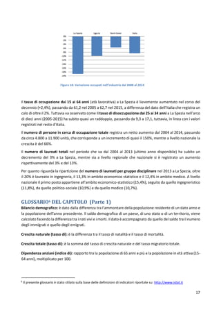 17
Figura 18: Variazione occupati nell’industria dal 2008 al 2014
Il tasso di occupazione dai 15 ai 64 anni (età lavorativa) a La Spezia è lievemente aumentato nel corso del
decennio (+2,4%), passando da 61,2 nel 2005 a 62,7 nel 2015, a differenza del dato dell’Italia che registra un
calo di oltre il 2%. Tuttavia va osservato come Il tasso di disoccupazione dai 25 ai 34 anni a La Spezia nell’arco
di dieci anni (2005-2015) ha subito quasi un raddoppio, passando da 9,3 a 17,1, tuttavia, in linea con i valori
registrati nel resto d’Italia.
Il numero di persone in cerca di occupazione totale registra un netto aumento dal 2004 al 2014, passando
da circa 4.800 a 11.900 unità, che corrisponde a un incremento di quasi il 150%, mentre a livello nazionale la
crescita è del 66%.
Il numero di laureati totali nel periodo che va dal 2004 al 2013 (ultimo anno disponibile) ha subito un
decremento del 3% a La Spezia, mentre sia a livello regionale che nazionale si è registrato un aumento
rispettivamente del 3% e del 13%.
Per quanto riguarda la ripartizione del numero di laureati per gruppo disciplinare nel 2013 a La Spezia, oltre
il 20% è laureato in ingegneria, il 13,3% in ambito economico statistico e il 12,4% in ambito medico. A livello
nazionale il primo posto appartiene all’ambito economico-statistico (15,4%), seguito da quello ingegneristico
(11,8%), da quello politico-sociale (10,9%) e da quello medico (10,7%).
GLOSSARIO6 DEL CAPITOLO (Parte 1)
Bilancio demografico: è dato dalla differenza tra l'ammontare della popolazione residente di un dato anno e
la popolazione dell'anno precedente. Il saldo demografico di un paese, di uno stato o di un territorio, viene
calcolato facendo la differenza tra i nati vivi e i morti. Il dato è accompagnato da quello del saldo tra il numero
degli immigrati e quello degli emigrati.
Crescita naturale (tasso di): è la differenza tra il tasso di natalità e il tasso di mortalità.
Crescita totale (tasso di): è la somma del tasso di crescita naturale e del tasso migratorio totale.
Dipendenza anziani (indice di): rapporto tra la popolazione di 65 anni e più e la popolazione in età attiva (15-
64 anni), moltiplicato per 100.
6
Il presente glossario è stato stilato sulla base delle definizioni di indicatori riportate su: http://www.istat.it
 