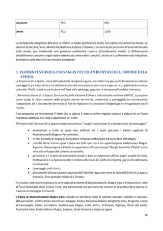 58
Autunno 79,2 405
Anno 75,2 1106
La complessità orografica dell’area si riflette in modo significativo anche sul regime pluviometrico locale. Le
stazioni di Sarzana / Luni, Monte Rocchetta e La Spezia / Fabiano, che sono le più prossime all'area interessata
dallo studio, pur mostrando una generale conformità rispetto all’andamento medio, si differenziano
sensibilmente sia come singoli valori estremi, sia come valori cumulati, anche se il confronto è solo indicativo,
essendo le serie storiche non sempre omogenee.
3. ELEMENTI STORICO-PAESAGGISTICI ED AMBIENTALI DEL COMUNE DI LA
SPEZIA
La Provincia di La Spezia, come del resto tutta la regione Liguria, si caratterizza per punti di assoluta eccellenza
paesaggistica e naturalistica sia nell’entroterra che sul sistema costa-mare e per un ricco patrimonio storico-
culturale. Pitelli ricade in particolare nell'area del capoluogo spezzino, e dunque nell'ambito rivierasco.
L’Amministrazione di La Spezia, forte anche della Variante Colline e della attuale revisione del PUC, si propone
come scopo la valorizzazione delle proprie risorse territoriali, ambientali e paesaggistiche contrastando
l’abbandono ed il dissesto del territorio al fine di migliorare le condizioni idrogeologiche mitigandone così il
rischio.
A tal proposito va menzionato il fatto che la Liguria è stata la prima regione italiana a dotarsi di un Piano
Paesistico adottato nel 1986 e approvato nel 1990.
All’interno del Comune di La Spezia esistono numerosi “Luoghi notevoli per la valorizzazione del paesaggio”:
 promontori e tratti di costa non edificati tra i quali spiccano i Parchi regionali di
MontemarcelloMagra e Portovenere;
 le foci dei corsi d’ acqua di particolare rilevanza ambientale tra cui la foce del Magra;
 i Centri storici minori quali i paesi dei Colli spezzini a cui appartengono Castelnuovo Magra,
Pignone, Varese ligure e Pitelli che appartiene all’associazione “Borghi Autentici d’Italia” e che
mira allo sviluppo del turismo sostenibile;
 gli insiemi e i sistemi di monumenti isolati e beni architettonici diffusi quali i castelli di Lerici,
Portovenere e La Spezia nonché il sistema difensivo del Golfo di La Spezia (già in atto dall’epoca
medioevale);
 i paesaggi rurali storici;
 gli elementi di forte caratterizzazione dell’identità regionale come le isole del Golfo di La Spezia
Palmaria, Tino presidio militare) e Tinetto.
Particolare attenzione meritano le aree naturali protette di Montemarcello-Magra-Vara e Portovenere, oltre
al Parco Nazionale delle Cinque Terre, che comprende una porzione dei comuni di Levanto e di La Spezia (la
frazione di Campiglia Tremonti).
Il Parco di Montemarcello-Magra-Vara include un territorio ricco di valenze naturali, storiche e culturali,
attraversando i confini di ben 20 comuni: Ameglia, Arcola, Beverino, Bolano, Borghetto Vara, Brugnato, Calice
al Cornoviglio, Carro, Carrodano, Castelnuovo Magra, Follo, Lerici, Ortonovo, Pignone, Riccò del Golfo,
Rocchetta Vara, Santo Stefano Magra, Sarzana, Sesta Godano e Vezzano Ligure.
 