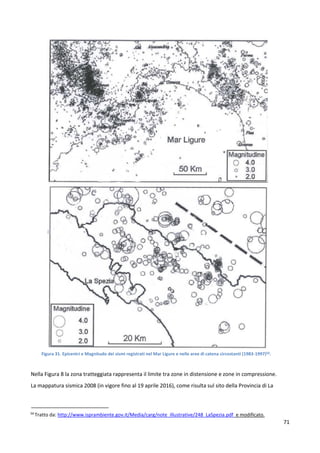 71
Figura 31. Epicentri e Magnitudo dei sismi registrati nel Mar Ligure e nelle aree di catena circostanti (1983-1997)50.
Nella Figura 8 la zona tratteggiata rappresenta il limite tra zone in distensione e zone in compressione.
La mappatura sismica 2008 (in vigore fino al 19 aprile 2016), come risulta sul sito della Provincia di La
50
Tratto da: http://www.isprambiente.gov.it/Media/carg/note_illustrative/248_LaSpezia.pdf e modificato.
 