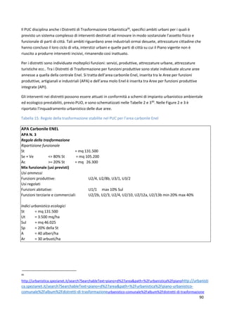90
Il PUC disciplina anche i Distretti di Trasformazione Urbanistica66
, specifici ambiti urbani per i quali è
previsto un sistema complesso di interventi destinati ad innovare in modo sostanziale l’assetto fisico e
funzionale di parti di città. Tali ambiti riguardano aree industriali ormai desuete, attrezzature cittadine che
hanno concluso il loro ciclo di vita, interstizi urbani e quelle parti di città su cui il Piano vigente non è
riuscito a produrre interventi incisivi, rimanendo così inattuato.
Per i distretti sono individuate molteplici funzioni: servizi, produttive, attrezzature urbane, attrezzature
turistiche ecc.. Tra i Distretti di Trasformazione per funzioni produttive sono state individuate alcune aree
annesse a quella della centrale Enel. Si tratta dell’area carbonile Enel, inserita tra le Aree per funzioni
produttive, artigianali e industriali (APA) e dell’area molo Enel è inserita tra Aree per funzioni produttive
integrate (API).
Gli interventi nei distretti possono essere attuati in conformità a schemi di impianto urbanistico ambientale
ed ecologico prestabiliti, previo PUO, e sono schematizzati nelle Tabelle 2 e 390
. Nelle Figure 2 e 3 è
riportato l’inquadramento urbanistico delle due aree.
Tabella 15: Regole della trasformazione stabilite nel PUC per l’area carbonile Enel
APA Carbonile ENEL
APA N. 3
Regole della trasformazione
Ripartizione funzionale
St = mq 131.500
Se + Ve <= 80% St = mq 105.200
Ac >= 20% St = mq 26.300
Mix funzionale (usi previsti)
Usi ammessi
Funzioni produttive: U2/4, U2/8b, U3/1, U3/2
Usi regolati
Funzioni abitative: U1/1 max 10% Sul
Funzioni terziarie e commerciali: U2/2b, U2/3, U2/4, U2/10, U2/12a, U2/13b min 20% max 40%
Indici urbanistico ecologici
St = mq 131.500
Ut = 3.500 mq/ha
Sul = mq 46.025
Sp = 20% della St
A = 40 alberi/ha
Ar = 30 arbusti/ha
66
http://urbanistica.spezianet.it/search?SearchableText=piano+d%27area&path=%2Furbanistica%2Fpianohttp://urbanisti
ca.spezianet.it/search?SearchableText=piano+d%27area&path=%2Furbanistica%2Fpiano-urbanistico-
comunale%2Falbum%2Fdistretti-di-trasformazioneurbanistico-comunale%2Falbum%2Fdistretti-di-trasformazione
 