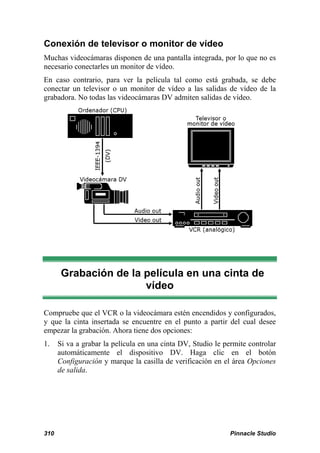 Conexión de televisor o monitor de vídeo
Muchas videocámaras disponen de una pantalla integrada, por lo que no es
necesario conectarles un monitor de vídeo.
En caso contrario, para ver la película tal como está grabada, se debe
conectar un televisor o un monitor de vídeo a las salidas de vídeo de la
grabadora. No todas las videocámaras DV admiten salidas de vídeo.




       Grabación de la película en una cinta de
                       vídeo

Compruebe que el VCR o la videocámara estén encendidos y configurados,
y que la cinta insertada se encuentre en el punto a partir del cual desee
empezar la grabación. Ahora tiene dos opciones:
1.    Si va a grabar la película en una cinta DV, Studio le permite controlar
      automáticamente el dispositivo DV. Haga clic en el botón
      Configuración y marque la casilla de verificación en el área Opciones
      de salida.




310                                                           Pinnacle Studio
 
