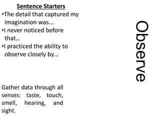 Observe
Gather data through all
senses: taste, touch,
smell, hearing, and
sight.
Sentence Starters
•The detail that captured my
imagination was...
•I never noticed before
that…
•I practiced the ability to
observe closely by…
 
