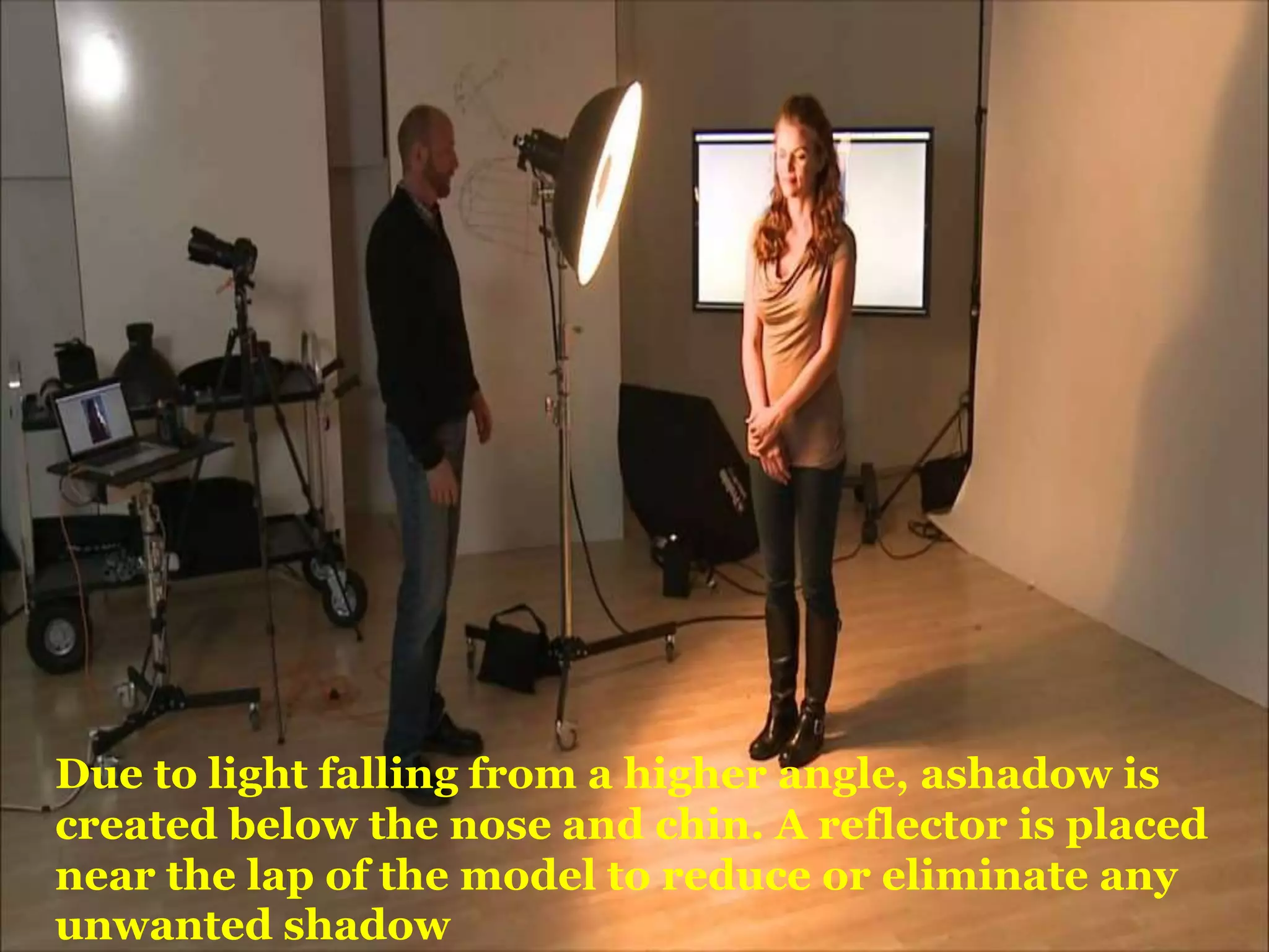 Due to light falling from a higher angle, ashadow is
created below the nose and chin. A reflector is placed
near the lap of the model to reduce or eliminate any
unwanted shadow