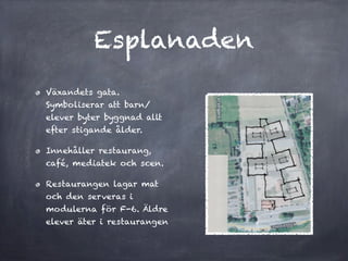 Esplanaden
Växandets gata.
Symboliserar att barn/
elever byter byggnad allt
efter stigande ålder.

Innehåller restaurang,
café, mediatek och scen.

Restaurangen lagar mat
och den serveras i
modulerna för F-6. Äldre
elever äter i restaurangen
 