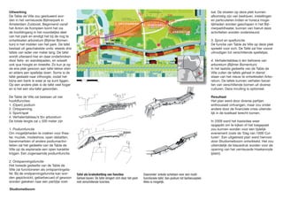 Uitwerking 
De Table de Ville zou gesitueerd wor-den 
in het vernieuwde Bijlmerpark in 
Amsterdam Zuidoost. Beginnend vanaf 
het Anton de Komplein komt het via 
de hoofdingang in het noordelijke deel 
van het park en eindigt het bij de nog te 
ontwikkelen arboretum (Bijlmer Bomen-tuin) 
in het midden van het park. De tafel 
bestaat uit geschakelde units: steeds drie 
tafels van ieder vier meter lang. De tafel 
wordt uiteraard hier en daar onderbroken 
door fiets- en wandelpaden, en wisselt 
ook qua hoogte en breedte. Zo kun je op 
de ene plek gewoon aan tafel lekker eten 
en elders een spelletje doen. Soms is de 
tafel gedaald naar zithoogte, zodat het 
bijna een bank is waar je op kunt liggen. 
Op een andere plek is de tafel veel hoger 
en is het een sta-tafel geworden. 
De Table de Ville zal bestaan uit vier 
hoofdfuncties: 
1. (Open) podium 
2. Ontspanning 
3. Sport/spel 
4. Verhalentableau’s tbv arboretum 
De totale lengte zal ± 500 meter zijn 
1. Podiumfunctie 
Om mogelijkheden te creëren voor thea-ter, 
muziek, modeshow, open debatten, 
banenmarkten of andere podiumactivi-teiten 
zal het gedeelte van de Table de 
Ville op de esplanade een open karakter 
krijgen. Een zogenaamde podiumfunctie. 
2. Ontspanningsfunctie 
Het tweede gedeelte van de Table de 
Ville zal functioneren als ontspanningsta-fel. 
Bij de onstpanningsfunctie kan wor-den 
gepicknickt, gebarbecued of gewoon 
worden gekeken naar een partijtje voet-bal. 
Studiomeiboom 
De stoelen op deze plek kunnen 
afkomstig zijn van bedrijven, instellingen 
en particulieren.Indien er horeca moge-lijkheden 
worden geschapen in het Bijl-merparktheater, 
kunnen van hieruit deze 
activiteiten worden ondersteund. 
3. Sport en spelfunctie 
De functie van Table de Ville op deze plek 
spreekt voor zich. De Tafel zal hier vooral 
uitnodigen tot verschillende spelletjes. 
4. Verhalentableau’s ten behoeve van 
arboretum (Bijlmer Bomentuin) 
In het laatste gedeelte van de Table de 
Ville zullen de tafels geheel in dienst 
staan van het nieuw te ontwikkelen Arbo-retum. 
De tafels kunnen verhalen bevat-ten 
van verschillende bomen uit diverse 
culturen. Deze invulling is optioneel. 
Resultaat 
Het plan werd door diverse partijen 
enthousiast ontvangen, maar zou onder 
andere door de financiele crisis uiteinde-lijk 
in de koelkast terecht komen. 
In 2009 werd het basisidee weer 
opgepikt om te kijken of het toegepast 
zou kunnen worden voor een tijdelijk 
evenement zoals de ‘Dag van 1000 Cul-turen’. 
Een uitgebreid plan werd hiervoor 
door Studiomeiboom ontwikkeld. Het zou 
uiteindelijk de blauwdruk worden voor de 
opening van het vernieuwde Hoekenrode 
(plein). 
Tafel als kralenketting van functies 
Geheel boven: De tafel slingert zich door het park 
met verschillende functies. 
Daaronder: enkele schetsen voor een multi-functionele 
tafel. Van podium tot barbecueplek. 
Alles is mogelijk. 
 