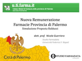 Nuova Remunerazione
Farmacie Provincia di Palermo
    Simulazione Proposta Balduzzi

             dott. prof. Nicola Guerriero
                    Studio Farmadata
                    Università Federico II Napoli




                                                    15/01/2013
 