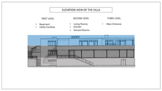 He created an influential 20th century architectural style
SECOND LEVEL
• Living Rooms
• Kitchen
• Servant Rooms
FIRST LEVEL
• Basement
• Utility Facilities
THIRD LEVEL
• Main Entrance
ELEVATION VIEW OF THE VILLA
 