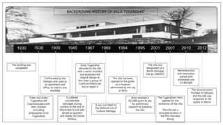 He created an influential 20th century architectural style
1939 1967 1994 2001 20101930 20121938 1945 1969 1995 2007
The building was
completed
Frietz and Greta
Tugendhat left
Czechoslovakia with
their children
(including
philosopher Ernst
Tugendhat)
Confiscated by the
Gestapo and used as
an apartment and
office, its interior was
modified
It suffered
considerable
damaged during
combat at the end of
World War II and later
served as quarters
and stables for Soviet
Military
Greta Tugendhat
returned to the villa
with a senior architect
and explained the
original design to
him, then a group of
Czech architects set
out to repair it
It was inscribed on
the National List of
Cultural Heritage
The villa has been
opened to the public
as a museum
administed by the city
or Brno
Brno received a
$15,000 grant to pay
for preliminary
research to preserve
the villa
The villa was
designated as a
World Heritage
Site by UNESCO
The Tugendhats’ heirs
applied for the
restitution of the villa
The villa was a
principle location in
the film Hannibal
Rising
Reconstruction
and restoration
started with
estimated cost
$7,895,000
The reconstruction
finished in February
and the villa was
reopened to the
public in March
BACKGROUND HISTORY OF VILLA TUGENDHAT
 