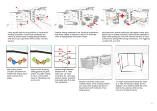 8
Create a public realm on the ground floor of the centre by
elevating the clusters, to allow visual permeability and
creating an informal space to engage people to explore,
while the elevated upper floors will have better views and
exposure.
Preserve existing greeneries on site, prioritizing pedestrians in
front of site, creating an extension of the park in front of the
centre to engage people coming from the park.
Semi-open music studios create music that triggers curiosity which
attracts users to explore the building, while the public performance
stage creates background music that enhances the sense of place
and shows the identity of the building and the place, while triggering
curiosity at the same time.
Main building vertical
circulation is located in the
middle of the building, allows
easier access to every
spaces.
Replace Green by having
rooftop gardens and green
pockets around the building,
to reduce environmental
impact of the building to the
environment.
Half floor height difference
between levels to create
better audio and visual
connectivity and encourages
people to explore, connected
by a double sided lift to allow
OKU accessibility. Bamboo wind chimes wraps around
Traditional Music Centre, creating melodies
from natural wind, to attract and act as a
facade feature, with the function of sun
shading device.
The height of performance spaces are raised
up to show the hierarchy of space, and are
designed in such shape to amplify the sound
made to the audiences, while avoiding
occurrence of fluttered echoes.
 
