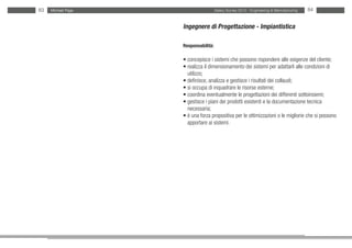 83   Michael Page                     Salary Survey 2012 - Engineering & Manufacturing   84


                    Ingegnere di Progettazione - Impiantistica

                    Responsabilità:

                    • concepisce i sistemi che possono rispondere alle esigenze del cliente;
                    • realizza il dimensionamento dei sistemi per adattarli alle condizioni di
                    • utilizzo;
                    • definisce, analizza e gestisce i risultati dei collaudi;
                    • si occupa di inquadrare le risorse esterne;
                    • coordina eventualmente le progettazioni dei differenti sottoinsiemi;
                    • gestisce i piani dei prodotti esistenti e la documentazione tecnica
                    • necessaria;
                    • è una forza propositiva per le ottimizzazioni o le migliorie che si possono
                    • apportare ai sistemi.
 
