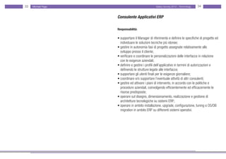 33   Michael Page                                  Salary Survey 2012 - Technology   34


                    Consulente Applicativi ERP

                    Responsabilità:

                    • supportare il Manager di riferimento e definire le specifiche di progetto ed
                    • individuare le soluzioni tecniche più idonee;
                    • gestire in autonomia fasi di progetto assegnate relativamente allo
                    • sviluppo presso il cliente;
                    • verificare e coordinare le personalizzazioni delle interfacce in relazione •
                    • con le esigenze aziendali;
                    • definire e gestire i profili dell’applicativo in termini di autorizzazioni e • •
                    • definendo le strutture legate alle interfacce;
                    • supportare gli utenti finali per le esigenze giornaliere;
                    • coordinare e/o supportare l’eventuale attività di altri consulenti;
                    • gestire ed attivare i piani di intervento, in accordo con le politiche e
                    • procedure aziendali, coinvolgendo efficientemente ed efficacemente le •
                    • risorse predisposte;
                    • operare sul disegno, dimensionamento, realizzazione e gestione di
                    • architetture tecnologiche su sistemi ERP;
                    • operare in ambito installazione, upgrade, configurazione, tuning e OS/DB
                    • migration in ambito ERP su differenti sistemi operativi.
 