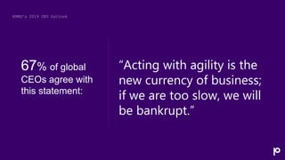 KPMG’s 2019 CEO Outlook
“Acting with agility is the
new currency of business;
if we are too slow, we will
be bankrupt.”
67% of global
CEOs agree with
this statement:
 