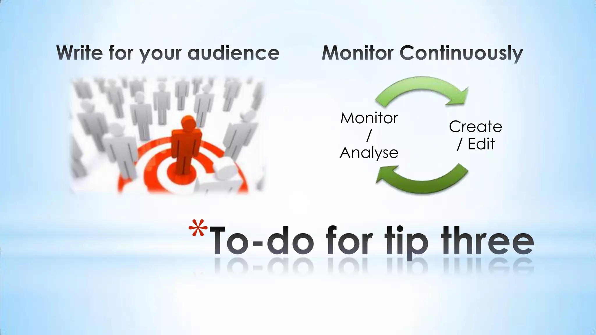 Write for your audienceMonitor ContinuouslyTo-do for tip three
