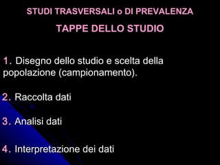 1.1. Disegno dello studio e scelta dellaDisegno dello studio e scelta della
popolazione (campionamento).popolazione (campionamento).
2.2. Raccolta datiRaccolta dati
3.3. Analisi datiAnalisi dati
4.4. Interpretazione dei datiInterpretazione dei dati
STUDI TRASVERSALI o DI PREVALENZASTUDI TRASVERSALI o DI PREVALENZA
TAPPE DELLO STUDIOTAPPE DELLO STUDIO
 