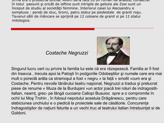 urma era o problemă dificilă. Avem de-a face cu un roman de analiză, consacrat
în totul pasiunii şi oricât de ieftine sunt intrigile de gelozie ale Zoei sunt un
început de studiu al societăţii feminine. Interiorul casei lui Alecsandru e
somptuos : pereţi de stuc, bronz, patru statui pe piedestale de granit roşu.
Tavanul sălii de mâncare se sprijină pe 12 coloane de granit si pe 12 statui
mitologice.
Singurul lucru cert cu privire la familia lui este că era răzeşească. Familia ar fi fost
din Ireavca , trecuta apoi la Patoşti în podgoriile Odobeştilor şi numele care era mai
mult o poreclă arăta ca stramoşul a fost « negru » la faţă « smolit »cum era şi
Costache. Pentru nevoile tânărului teatru naşional, Negruzzi a tradus şi prelucrat
piese de renume « Muza de la Burdujani »un actor joacă trei roluri de indragostit-
italian, neamţ, grec- pe lângă cucoana Caliopi Busuioc spre a o compromite în
ochii lui Moş Trohin , în folosul nepotului acestuia Drăgănescu, pentru care
slabiciunea unchiului e o piedică la proiectele sale de căsătorie. Concurenţa
îndragostişilor de naţiuni felurite e un vechi truc al teatrului italian întrebuinţat si de
Goldoni.
Costache Negruzzi
 