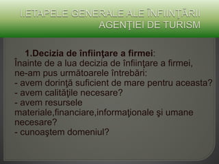 1.Decizia de înfiinţare a firmei:
Înainte de a lua decizia de înfiinţare a firmei,
ne-am pus următoarele întrebări:
- avem dorinţă suficient de mare pentru aceasta?
- avem calităţile necesare?
- avem resursele
materiale,financiare,informaţionale şi umane
necesare?
- cunoaştem domeniul?
 