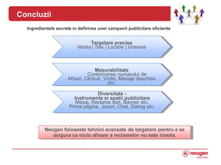 Concluzii
       Ingredientele secrete in definirea unei campanii publicitare eficiente


                                     Targetare precisa
                               Varsta | Sex | Locatie | Interese



                                        Masurabilitate
                                    Contorizarea numarului de
                          Afisari, Clickuri, Vizite, Mesaje deschise
                                               etc.

                                       Diversitate -
                             Instrumente si spatii publicitare
                              Mesaj, Reclama text, Banner etc.
                           Prima pagina, Jocuri, Chat, Dating etc.



               Neogen foloseste tehnici avansate de targetare pentru a se
                  asigura ca nicio afisare a reclamelor nu este irosita.
10
 