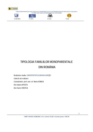 FAMILIA MONOPARENTALĂ, INSECURITATEA ECONOMICĂ ŞI POLITICA GUVERNAMENTALĂ. METODOLOGIE DE EVALUARE A
CALITĂŢII VIEŢII FAMILIILOR MONOPARENTALE DIN ROMÂNIA
CO:INCSMPS P1:CNPS P2: ASE P3:UB
CNMP, PNCDI II, DOMENIUL 9, Nr. Contract 92-087, Acronim proiect: FMCVR
1
TIPOLOGIA FAMILIILOR MONOPARENTALE
DIN ROMÂNIA
Realizator studiu: UNIVERSITATEA DIN BUCUREŞTI
Colectiv de realizare:
Coordonator: prof. univ. dr. Maria VOINEA
Drd. Iulian APOSTU
Drd. Darie CRISTEA
 