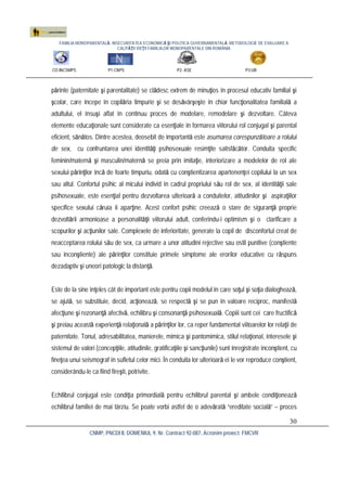 FAMILIA MONOPARENTALĂ, INSECURITATEA ECONOMICĂ ŞI POLITICA GUVERNAMENTALĂ. METODOLOGIE DE EVALUARE A
CALITĂŢII VIEŢII FAMILIILOR MONOPARENTALE DIN ROMÂNIA
CO:INCSMPS P1:CNPS P2: ASE P3:UB
CNMP, PNCDI II, DOMENIUL 9, Nr. Contract 92-087, Acronim proiect: FMCVR
30
părinte (paternitate şi parentalitate) se clădesc extrem de minuţios în procesul educativ familial şi
şcolar, care începe în copilăria timpurie şi se desăvârşeşte în chiar funcţionalitatea familială a
adultului, el însuşi aflat în continuu proces de modelare, remodelare şi dezvoltare. Câteva
elemente educaţionale sunt considerate ca esenţiale în formarea viitorului rol conjugal şi parental
eficient, sănătos. Dintre acestea, deosebit de importantă este asumarea corespunzătoare a rolului
de sex, cu confruntarea unei identităţi psihosexuale resimţite satisfăcător. Conduita specific
feminin/maternă şi masculin/maternă se preia prin imitaţie, interiorizare a modelelor de rol ale
sexului părinţilor încă de foarte timpuriu, odată cu conştientizarea apartenenţei copilului la un sex
sau altul. Confortul psihic al micului individ în cadrul propriului său rol de sex, al identităţii sale
psihosexuale, este esenţial pentru dezvoltarea ulterioară a conduitelor, atitudinilor şi aspiraţiilor
specifice sexului căruia îi aparţine. Acest confort psihic creează o stare de siguranţă proprie
dezvoltării armonioase a personalităţii viitorului adult, conferindu-i optimism şi o clarificare a
scopurilor şi acţiunilor sale. Complexele de inferioritate, generate la copil de disconfortul creat de
neacceptarea rolului său de sex, ca urmare a unor atitudini rejective sau ostil punitive (conştiente
sau inconştiente) ale părinţilor constituie primele simptome ale erorilor educative cu răspuns
dezadaptiv şi uneori patologic la distanţă.
Este de la sine înţeles cât de important este pentru copii modelul în care soţul şi soţia dialoghează,
se ajută, se substituie, decid, acţionează, se respectă şi se pun în valoare reciproc, manifestă
afecţiune şi rezonanţă afectivă, echilibru şi consonanţă psihosexuală. Copiii sunt cei care fructifică
şi preiau această experienţă relaţională a părinţilor lor, ca reper fundamental viitoarelor lor relaţii de
paternitate. Tonul, adresabilitatea, manierele, mimica şi pantomimica, stilul relaţional, interesele şi
sistemul de valori (concepţiile, atitudinile, gratificaţiile şi sancţiunile) sunt înregistrate inconştient, cu
fineţea unui seismograf în sufletul celor mici. În conduita lor ulterioară ei le vor reproduce conştient,
considerându-le ca fiind fireşti, potrivite.
Echilibrul conjugal este condiţia primordială pentru echilibrul parental şi ambele condiţionează
echilibrul familiei de mai târziu. Se poate vorbi astfel de o adevărată “ereditate socială” – proces
 