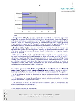 8

                                                                                                                                GROUP
                                                                                                          HR Consulting & Recruitment

        Reintoarceri                    10.5


             Crestere                                 21


       Reorganizare                                   21


       Disponibilizari                                                     37


             Stagnare                                                                    47


                         0         10            20            30            40            50



    Fig.1.
- Reorganizare (21%, Fig.1)– doar o parte din respondenti au mentionat regandirea
proceselor si reimpartirea responsabilitatilor prin redirectionarea fortei de munca in
ariile care semnaleaza nevoia de personal. Aceasta reorganizare apare dupa o atenta
analiza a pietei si a activitatii companiei, iar obiectivele nou-stabilite trebuie analizate
si comunicate impreuna cu HR Managerii pentru ca acestia sa poata identifica apoi
persoanele potrivite si interesate de o repozitionare de atributii in companie.
- Crestere (21%, Fig.1) – ea este resimtita in anumite domenii si inteleasa ca
extindere a activitatii (ex. prin organizare in centre de activitate pe mai multe tari) sau
chiar ca si crestere de business. In aceste situatii mentionate s-au inregistrat inclusiv
cresteri de personal.
- Reintoarceri (10,5%, Fig.1) – situatii tot mai dese in piata in care angajatii care au
parasit o companie pentru o alta colaborare au putut sa compare conditiile de munca,
atmosfera, rezultatele obtinute si au decis sa revina la firma anterioara. Majoritatea
acestor cazuri sunt legate de posturi foarte specializate. Brandul de angajator (tradus
prin atentia, respectul, importanta, dar si prin remunerarea si motivarea pe sarcina a
angajatilor) isi face astfel vizibila importanta mai ales in situatii in care este posibila
comparatia cu ceea ce exista in afara companiei.


Ca tendinta generala 60% dintre respondenti au mentionat ca au observat
modificari in ceea ce priveste nivelul de satisfactie al angajatilor la locul de munca.
Iata in procente frecventa raspunsurilor referitor la ceea ce considera HR Managerii:
- 60% considera ca nivelul de satisfactie a scazut datorita reducerilor de beneficii
si/sau salarii
- 45 % considera ca nivelul de satisfactie a scazut datorita modificarilor in privinta
responsabilitatilor si a organizarii activitatii

- 65% considera ca nivelul de satisfactie a scazut datorita lipsei de transparenta, de
comunicare dinspre top management


© 2009 PERSPECTIVE Group. All rights reserved.




                6 Armasului Entrance, sector 1, Bucharest, Romania | Tel: 211 93 22/24 | Fax: 211 93 26
                              email: job@perspectivegroup.ro | www.perspectivegroup.ro
 
