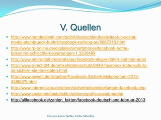 V. Quellen
 http://www.handelsblatt.com/politik/deutschland/aktivitaet-in-social-
    media-steinbrueck-fuehrt-facebook-ranking-an/8067316.html
   http://www.rp-online.de/digitales/smartphones/facebook-home-
    bekommt-schlechte-bewertungen-1.3330489
   http://www.androidpit.de/whatsapp-facebook-skype-daten-sammel-apps
   http://www.e-recht24.de/artikel/datenschutz/6449-facebook-datenschutz-
    so-sichern-sie-ihre-daten.html
   http://www.pcwelt.de/ratgeber/Facebook-Sicherheitstipps-fuer-2012-
    4386079.html
   http://www.internet-abc.de/eltern/sicherheitseinstellungen-facebook.php
   http://www.socialmediastatistik.de/demografie-social-media/
   http://allfacebook.de/zahlen_fakten/facebook-deutschland-februar-2013


                      Von Ann-Katrin Steffes, Unibw München
 