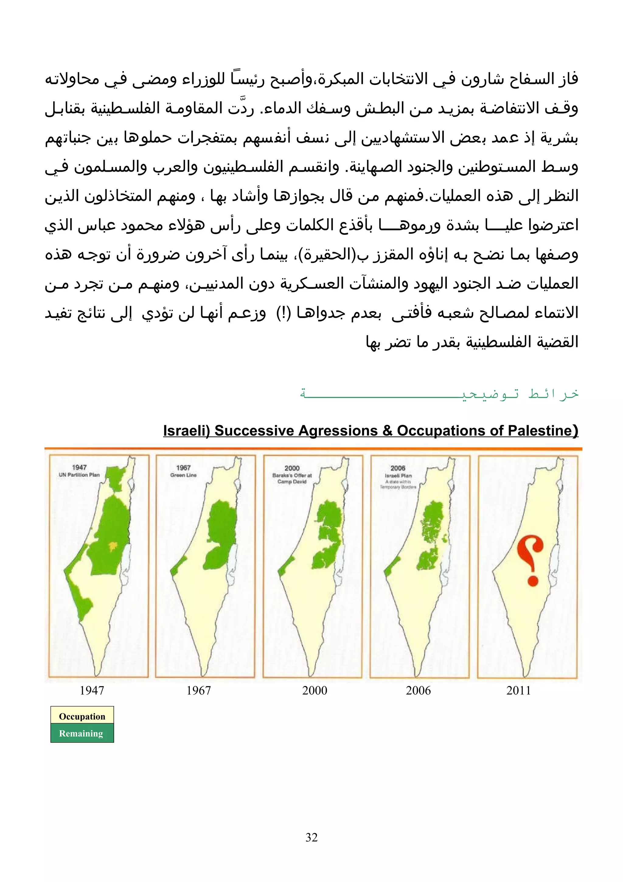 ‫فاز السـفاح شارون فـي النتخابات المبكرة،وأصـبح رئيسـا للوزراء ومضـى فـي محاولتـه‬
‫وقـف النتفاضـة بمزيـد مـن البطـش وسـفك الدماء. ردّت المقاومـة الفلسـطينية بقنابـل‬
‫بشرية إذ عمد بعض الستشهاديين إلى نسف أنفسهم بمتفجرات حملوها بين جنباتهم‬
‫وسـط المسـتوطنين والجنود الصـهاينة. وانقسـم الفلسـطينيون والعرب والمسـلمون فـي‬
‫النظـر إلى هذه العمليات.فمنهـم مـن قال بجوازهـا وأشاد بهـا ، ومنهـم المتخاذلون الذيـن‬
‫اعترضوا عليــــا بشدة ورموهــــا بأقذع الكلمات وعلى رأس هؤلء محمود عباس الذي‬
‫وصـفها بمـا نضـح بـه إناؤه المقزز ب)الحقيرة(، بينمـا رأى آخرون ضرورة أن توجـه هذه‬
‫العمليات ضـد الجنود اليهود والمنشآت العسـكرية دون المدنييـن، ومنهـم مـن تجرد مـن‬
‫النتماء لمصـالح شعبـه فأفتـى بعدم جدواهـا )!( وزعـم أنهـا لن تؤدي إلى نتائج تفيـد‬
                                                   ‫القضية الفلسطينية بقدر ما تضر بها‬


                                        ‫خرائط توضيحيـــــــــــــــة‬

                  ‫)‪Israeli) Successive Agressions & Occupations of Palestine‬‬




      ‫7491‬            ‫7691‬              ‫0002‬             ‫6002‬            ‫1102‬
  ‫‪Occupation‬‬
  ‫‪Remaining‬‬




                                         ‫23‬
 