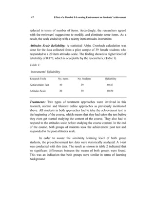 Effect of a Blended E-Learning Environment on Students' Achievement13
reduced in terms of number of items. Accordingly, the researchers agreed
with the reviewers' suggestions to modify, and eliminate some items. As a
result, the scale ended up with a twenty item attitudes instrument.
Attitudes Scale Reliability: A statistical Alpha Cronbach calculation was
done for the data collected from a pilot sample of 39 female students who
responded to a 20 item attitudes scale. The finding showed a higher level of
reliability of 0.870, which is acceptable by the researchers, (Table 1).
Table 1:
Instruments' Reliability
Research Tools No. Items No. Students Reliability
Achievement Test 40 39 0.817
Attitudes Scale 20 39 0.870
Treatments: Two types of treatment approaches were involved in this
research, normal and blended online approaches as previously mentioned
above. All students in both approaches had to take the achievement test in
the beginning of the course, which means that they had taken the test before
they even get started studying the content of the course. They also had to
respond to the attitudes scale before studying the course content. In the end
of the course, both groups of students took the achievement post test and
responded to the post attitudes scale.
In order to assure the similarity learning level of both group
students, the pre-achievement test data were statistically analyzed. A t-test
was conducted with this data. The result as shown in table 2 indicated that
no significant differences between the means of both groups were found.
This was an indication that both groups were similar in terms of learning
background.
 