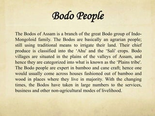 Bodo People
The Bodos of Assam is a branch of the great Bodo group of Indo-
Mongoloid family. The Bodos are basically an agrarian people;
still using traditional means to irrigate their land. Their chief
produce is classified into the ‘Ahu' and the ‘Sali' crops. Bodo
villages are situated in the plains of the valleys of Assam, and
hence they are categorized into what is known as the ‘Plains tribe'.
The Bodo people are expert in bamboo and cane craft; hence one
would usually come across houses fashioned out of bamboo and
wood in places where they live in majority. With the changing
times, the Bodos have taken in large numbers to the services,
business and other non-agricultural modes of livelihood.
 