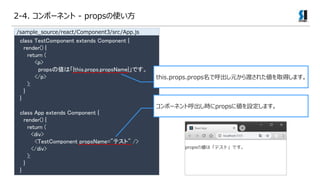 class TestComponent extends Component {
render() {
return (
<p>
props΂ϡ{this.props.propsName}Ǥ
</p>
);
}
}
class App extends Component {
render() {
return (
<div>
<TestComponent propsName="ƥ" />
</div>
);
}
}
this.props.propsǺԪɤ줿ȡäޤ
ݩ`ͥȺrprops˂Oޤ
/sample_source/react/Component3/src/App.js
2-4. ݩ`ͥ - propsʹ
 